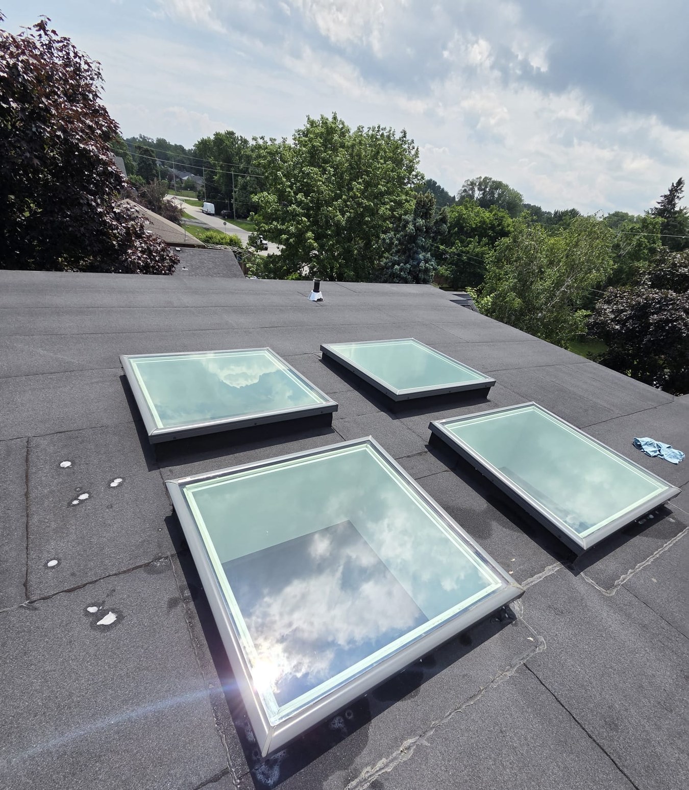 Four freshly cleaned skylights on a flat roof, sky sharp in the glass.